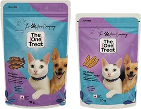Two pouches of The One Treat: anchovies and chicken jerky