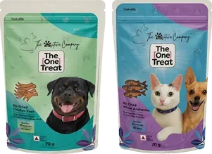 Two pouches of The One Treat: chicken feet and anchovies