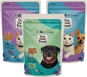 Three pouches of The One Treat: chicken jerky, anchovies and chicken feet